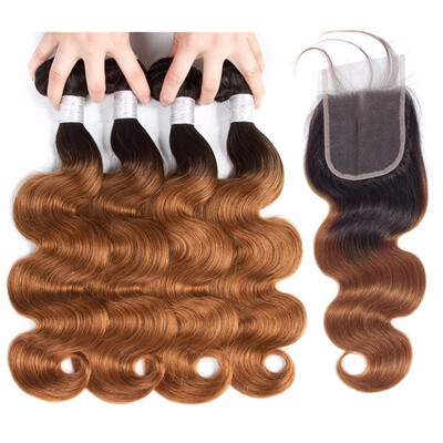 

HCDIVA Pre-Colored Ombre Bundles With Closure Virgin Brazilian Body 4 Bundles With Closure T1B 30 Dark Roots Chestnut Brown Human