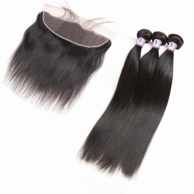

Racily Hair Brazilian Hair Straight 3 Bundles with Frontal Closure Natural Black Human Hair 13x4 Ear to Ear Lace Frontal Closure