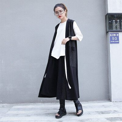 

2018 New Large Size Stitching Stripes with Two Big Pockets Jacket Female Spring Long Sleeveless Vest Cardigan