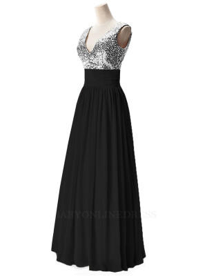 

2018 V Neck Sequined Chiffon Long Prom Dresses Sleeveless Formal Party Evening Bridesmaid Dresses