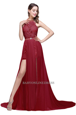 

2018 Beaded Long Evening Dress Chiffon Side Slit Burgundy Sexy Backless Formal Party Evening Gown Robe De Soiree Prom Dresses