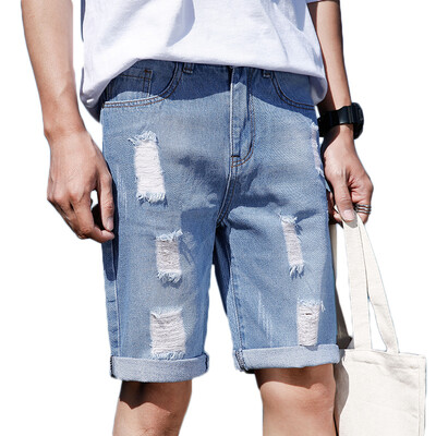 

Damaizhang Brand Men Summer Fashion Hole Short Jeans Casual Denim Zipper Short Pants High Quality Light Blue Color