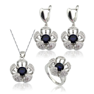 

EIOLZJ Flower Dark Blue Cubic zirconia Silver Plated Jewelry Sets for Women Four Colors Available Free Jewelry Box