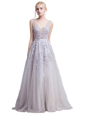 

Womens Double V-neck Tulle Wedding Dress Appliques Long Evening Cocktail Gowns