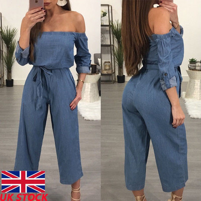 

Women Denim Jeans Jumpsuit Off Shoulder Play-Suit Overalls Trousers Rompers