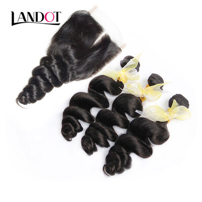 

8A Brazilian Loose Wave Virgin Hair With Closure 4PcsLot Brazilian Loose Curly Wavy Human Hair Weaves 3 Bundles And Lace Closures
