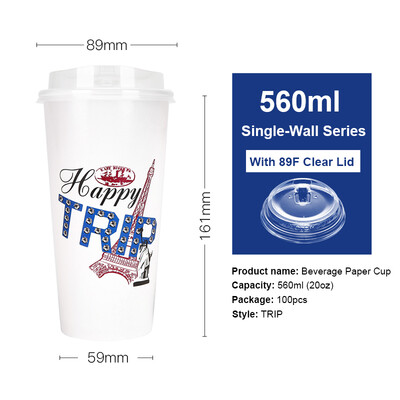 

OTOR 465ml560ml Paper Cup Disposable Tableware For Summer Icy Beverages Cold&Hot Tea Milk Coffee Happy Trip 100pcs