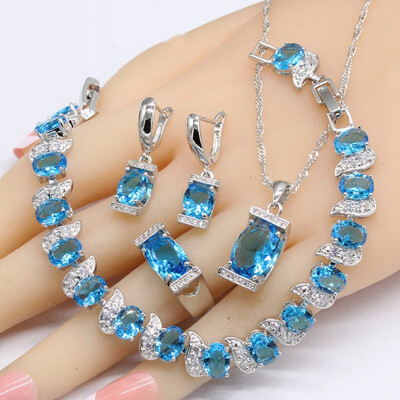 

Light Blue Topaz 925 Silver Jewelry Sets For Women Wedding Bracelet Earrings Necklace Pendant