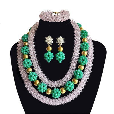 

Dubai Bridal Crystal Jewelry African Beaded Necklace Nigerian Wedding Beads Jewelry Set Light Green 3 Layered Bridal Jewelry Set