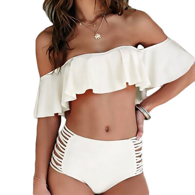 

M&M High Waisted Bandeau Swimwear Women Off Shulder Bikini Set New 2017 Ruffle Vintage Bikinis Swimsuit Cut Out Bottom Bathing Sui