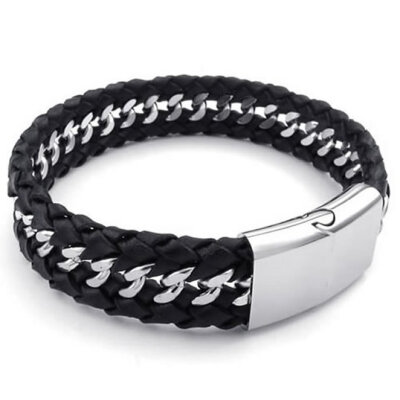 

Hpolw Mens Fashion Men Jewelry Punk Style black&white Stainless Steel Leather weave Bracelet,Hidden-safety-clasp