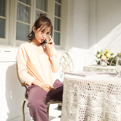 

Haizhining 17W49 Pajamas Ladies Sexy Colorful Nine Sleeve Long Sleeve Pants Cotton Home Service Set Home Service Two-piece Light Orange 170