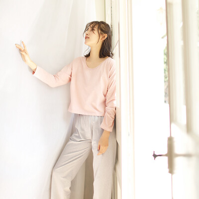 

Haizhining 17W49 Pajamas ladies sexy colorful nine-point sleeves long-sleeved trousers cotton home service suit home clothes two-piece pink 165