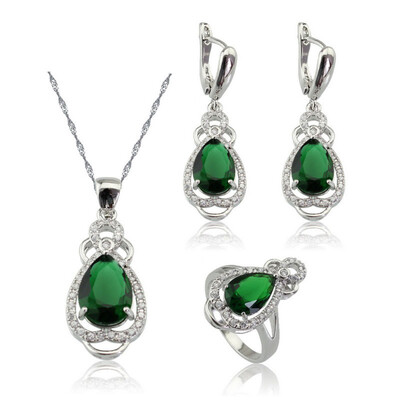 

EIOLZJ Fashion Beautiful Deep Green Water Drop Cubic zirconia Silver Plated Jewelry Sets for Women Free Jewelry Box