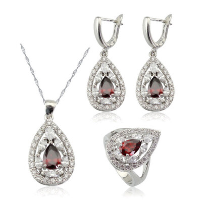

Water Drop Blue Stone Silver Plated Jewelry Sets for Women Choker Dangle Earrings Ring Five Colors Available Free Jewelry Box