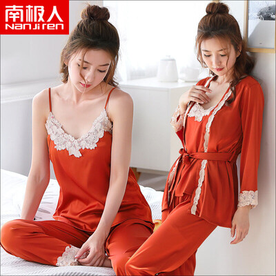 

Antarctic Pajamas Women Summer 3 Piece Long Sleeve Sexy Imitation Silk Princess Sweet Ice Silk Sling Pajamas Korean Lace Home Service Orange
