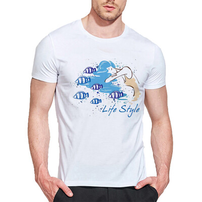 

Mens O Round Neck Casual Short Sleeves Fashion Cotton T-Shirts Beautiful Girl & Fish Digital Print