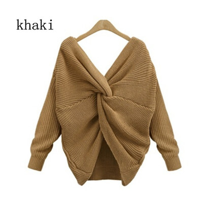 

2018 Two Wearing V-neck Knotted Backless Sweater Long-sleeved Women
