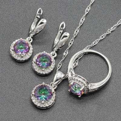 

Round Blue Stone Silver Plated Jewelry Sets for Women Necklace Ring Dangle Earrings Free Jewelry Box