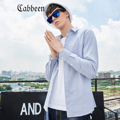 

Carbine Mens Stand Collar Shirt Pinstripe Casual Slim Long Sleeve Blue Shirt Korean Wave 2017 Fall Winter C Sky Blue 27 56190XXXL