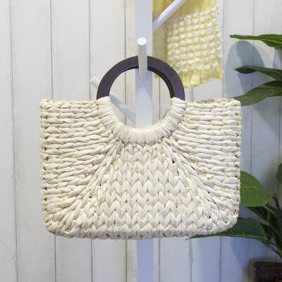 

Rectangle Rattan Totes INS Vintage Women Bohemian Fashion Handbag Top-Handle Concise Braided Bag Large Wood Handle Bags