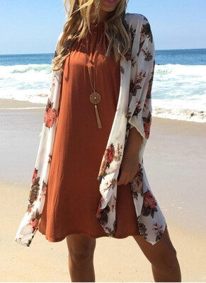 

2018 Boho Chiffon Floral Print Open Front Womens Long Kimono