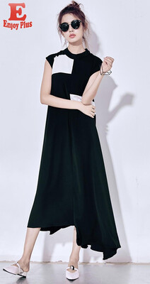 

M L new summer 2018 chiffon long dress women sleeveless casual loose black&white irregular mid calf lady