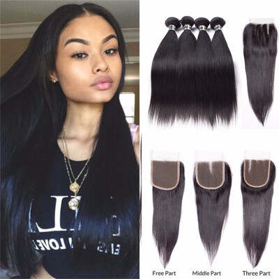 

Amazing Star Closure with Bundles Indian Straight Virgin Hair Bundles with Closure Virgin Human Hair 4 Bundles with 4x4 Closure