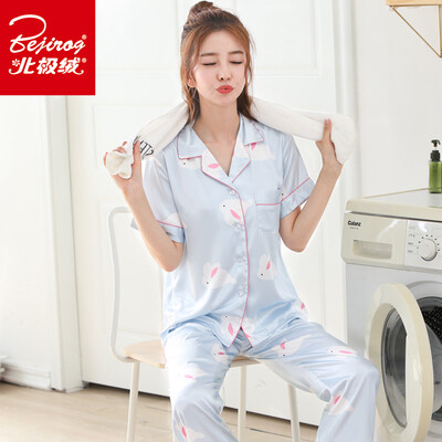 

Arctic velvet pajamas womens four seasons spinning silk short-sleeved cardigan printing home service four seasons youth Korean temperament ladies home service suit cute bunny XL