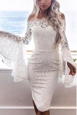 

2018 New Lace Off the Shoulder Flare Long Dress Summer Sleeves Bodycon Mini Dress