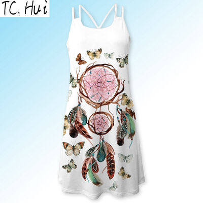 

Summer Dress Women Feather Print Vintage 3D Dress Sleeveless Boho Style Short Beach Dress 6 colors
