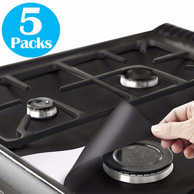 

5-Pack PTFE Non-stick Gas Range Protectors Black Stovetop Burner Liner Cover- Double Thickness 02mm Reusable Dishwasher Safe