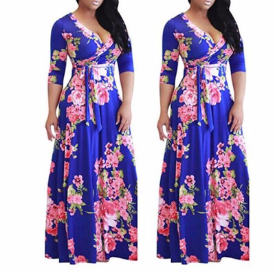 

Womens Fashion Bohemian Short Sleeve Floral Print Deep V-neck Maxi Dress Beach Dress Vintage Dress Plus SizeS-5XL