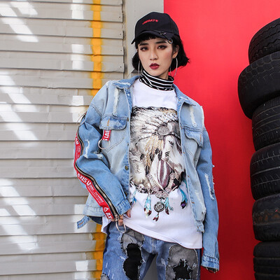 

2018 Spring New Hip-hop Loose Mixed Colors Street Wind Jacket Female Bf Denim Jacket Patches