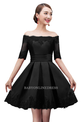 

A-line Off-shoulder Half Sleeves Short Lace Appliques Prom Dresses