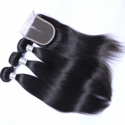 

Brazilian Virgin Hair Straight 3 Bundles With Closure Free Middle Three Part Human Hair Bundles with Closure 4 Pcs lot