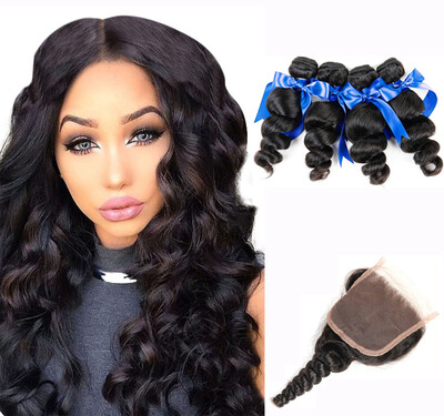 

WYF Indian Virgin Hair Loose Wave 4 Bundles with Closure Unprocessed Human Hair Extensions