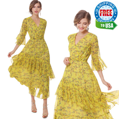 

XINUO Womens Dresses Yellow Floral Maxi Dress 34 Sleeve V Neck High Waist Chiffon Beach Summer Party Casual Long Dresses
