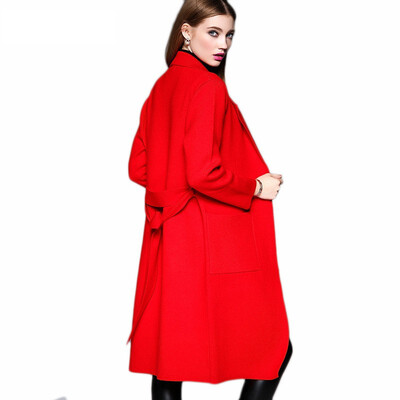 

2018 Winter High Quality Turn-down Collar Lacing Waist Slim Elegant Female Woolen Coat Wool Coat Women