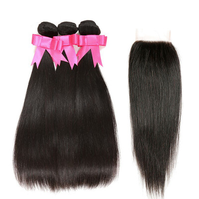 

PASSION HAIR Straight Human Hair Bundles With Closure Brazilian Virgin Hair Weave 3 Bundles With 4X4 Free Part Lace Closure