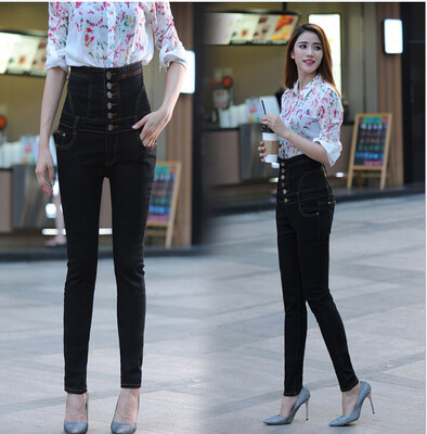 

Lovaru ™2015 Autumn big yards fat MM waist jeans female feet pencil piece retro black high waist jeans