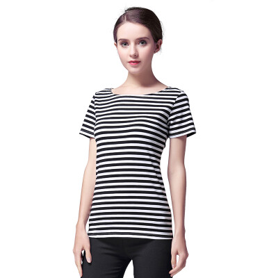 

POPBASIC Women Summer Classic White Black Striped Slim Fit T-Shirt