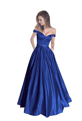 

Off The Shoulder Beaded Satin Evening Prom Dress with Pocket