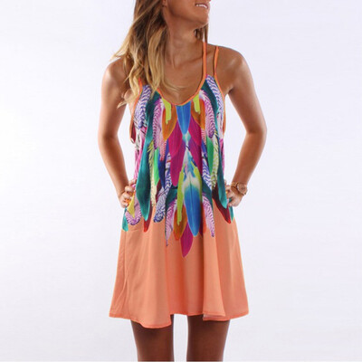 

Try Everything Maxi Summer Dress Women 2018 Colorful Feather Printed Loose Beach Dress Strap Sleeveless Fashion Women Clothing