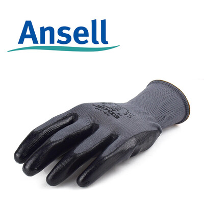 

Ansell 48-128 nitrile coated protective gloves polyester lining palm dipped slip resistant oil resistant wear resistant tear resistant mechanical protection black gray 9 yards 12 pairs bag