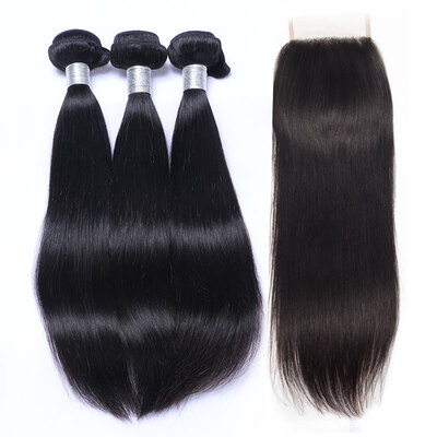 

8A Cambodian Virgin Hair Straight With Closure 3 Bundles Cambodian Remy Human Hair Weaves And Lace Closures 4Pcs Lot Natural Black