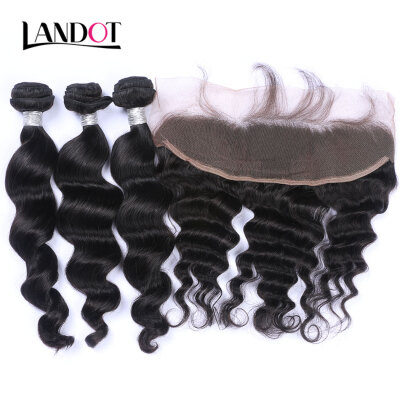 

8A Brazilian Loose Wave Virgin Hair With Lace Frontal Closure 3 Bundles Wavy Curly Human Hair Weave Closure 4Pcs Lot Natural Black