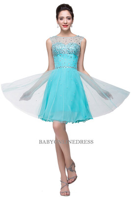 

A-line Sleeveless Crew Short Tulle Prom Dresses with Crystal Beads