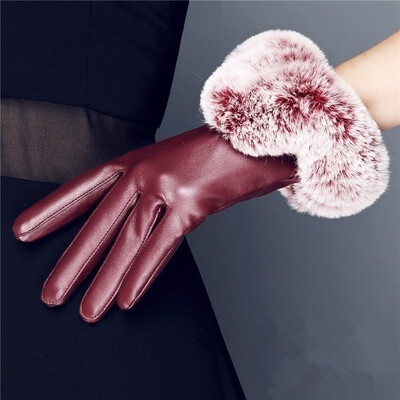

Womens Fashion Leather Gloves Autumn Winter Warm Rabbit Fur Mittens