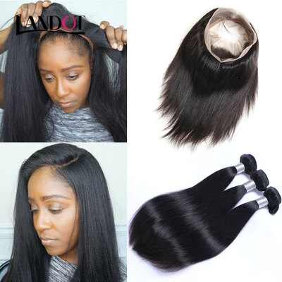 

8A 360 Lace Frontals Closures With 3 Bundles Indian Straight Virgin Human Hair Weaves 4 Pcs Lot Natural Black Remy Hair Extensions